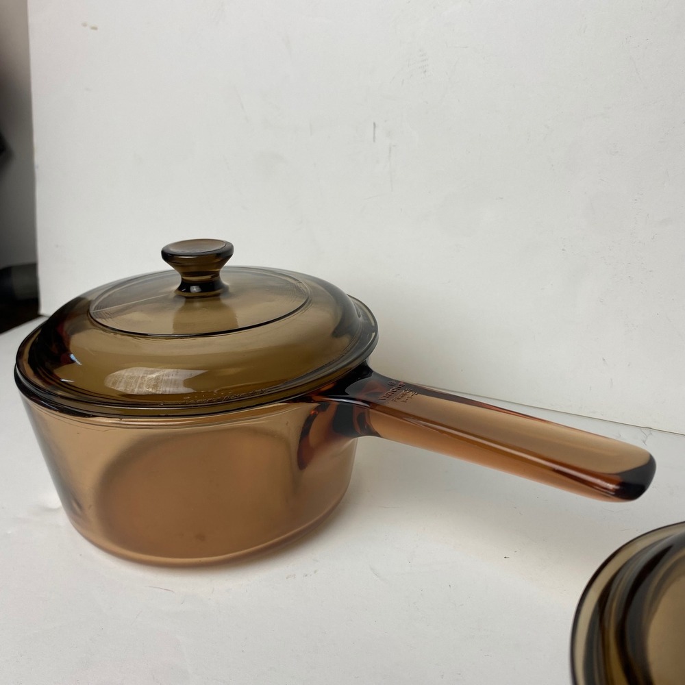 Vintage Visions Corning Amber Glass Saucepan Set 1L 1.5L V-1-B France with Lids - Picture 3 of 14